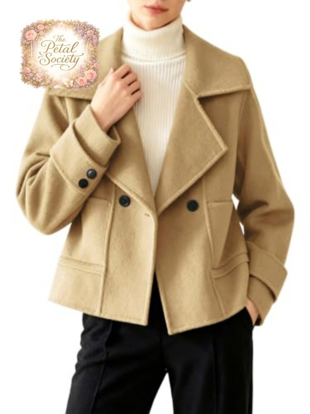Womens Cropped Wool Pea Coat Notched Lapel Short Button Pockets Slim Fit Warm